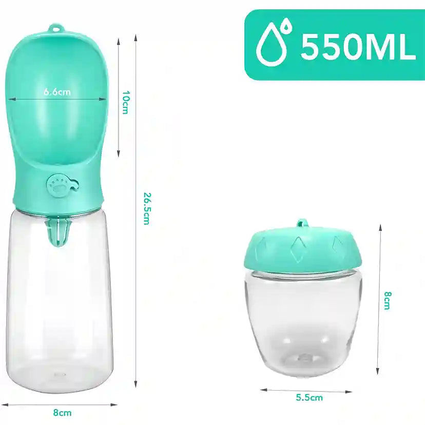 Teal pet water bottle with dimensions and capacity label on a white background