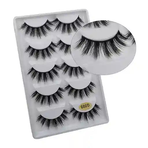 Set of false eyelashes in a packaging case with a close-up of one pair.