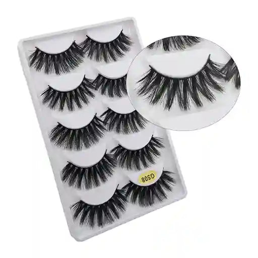 Set of false eyelashes in a packaging case with an inset showing a close-up of the lashes.