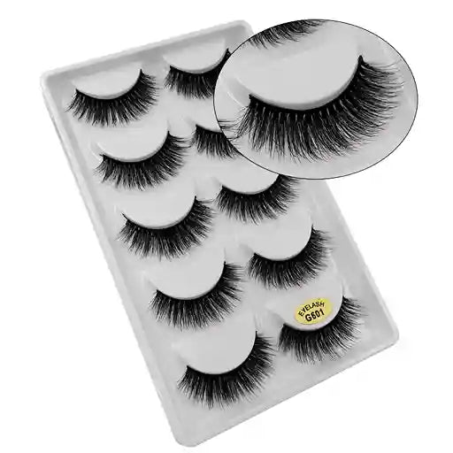 Set of false eyelashes in a packaging tray with an inset showing a close-up of the lashes.