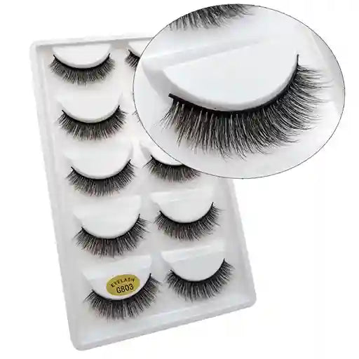 Set of false eyelashes in a packaging tray with an inset showing a close-up of the lashes.