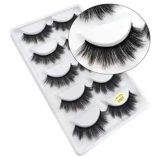 Set of false eyelashes in a packaging tray with a close-up on one pair.