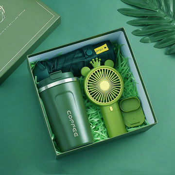 BABBAK'S LTD Green TZ-1 Light Luxury Gift Set – Glass Vacuum Cup, Stylish Fan & Compact Umbrella in Elegant Gift Box