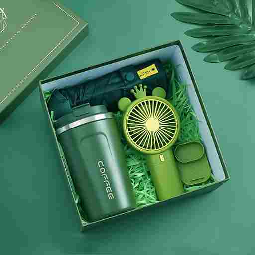 BABBAK'S LTD Green TZ-1 Light Luxury Gift Set – Glass Vacuum Cup, Stylish Fan & Compact Umbrella in Elegant Gift Box