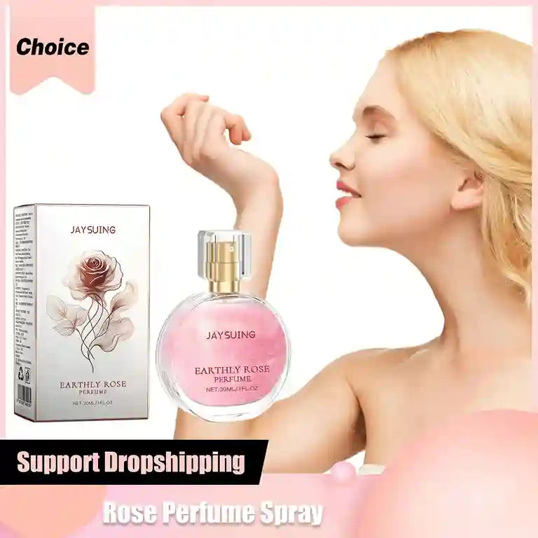 Rose perfume spray with packaging and a model wearing it, labeled 'JAYSUING'.